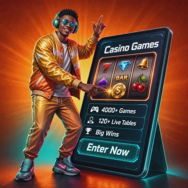 Player exploring 4000+ casino games at SlotsDJ with futuristic tablet interface